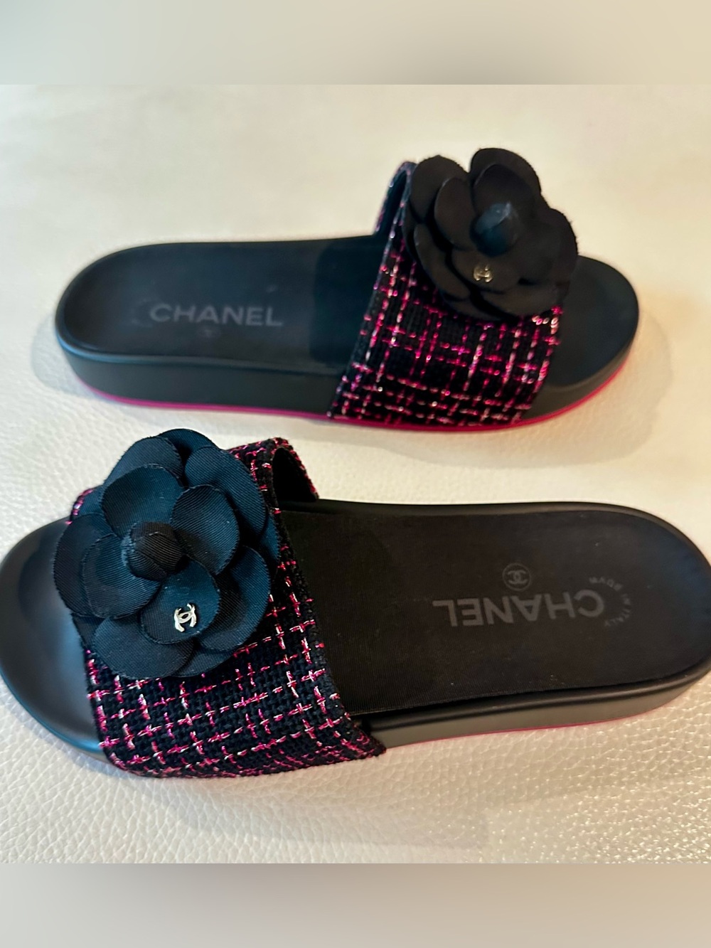 Chanel Tweed Slides Mules with Camellia Flower - NEW - EU 37